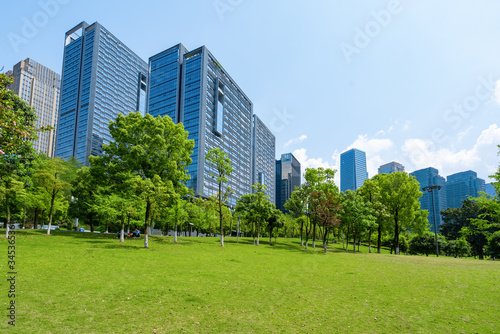 Central park lawn and financial center office building  Chongqing  China