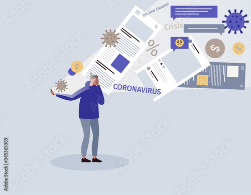 Coronavirus infodemia concept illustration. Sad Woman standing with mobile phone full of news and warnings about economy crisis and COVID 19 outbreak. 
 photo