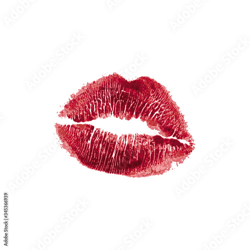 Beautiful realistic red lips kiss isolated on white background. Lipstick vector mark.