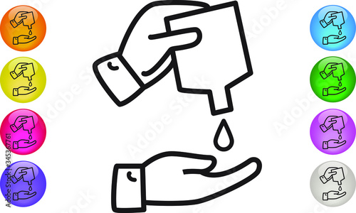 Washing, Disinfecting hands with liquid soap. Hand sanitizer gel pump dispenser icon. Vector illustration EPS 10