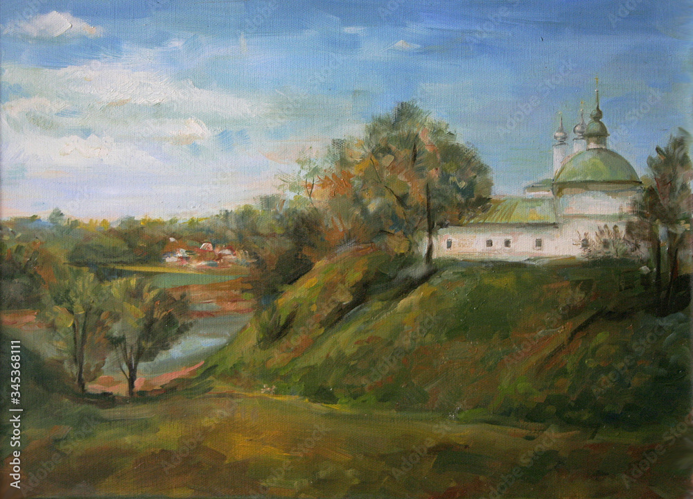 Church in the old Russian city, oil painting