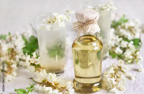 syrup of white acacia flowers. organic Edible flowers. foraging