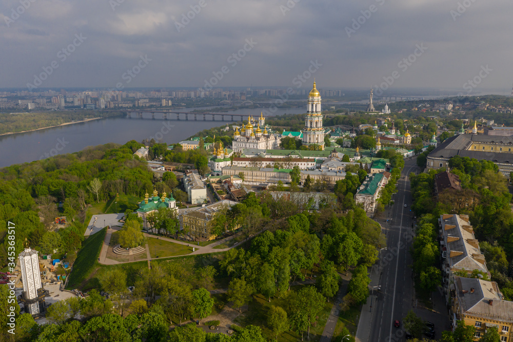 Aerial view of Kiev Pechersk Lavra illuminated by the sunset rays of the sun, Kyiv, Ukraine Aerial view of Kiev Pechersk Lavra illuminated by the sunset rays of the sun, Kyiv, Ukraine