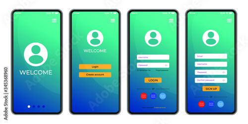 Welcome screen. Login and Register on Screen. Log In and Sign Up UI UX on Smartphone Screen. Login Application with Password Form Window. Vector illustration
