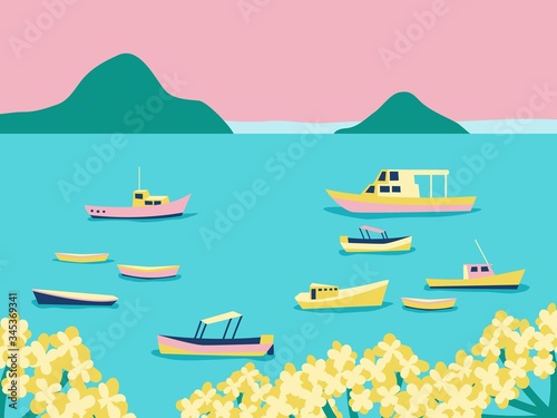 Sea sail poster with various boats and yachts on the seaside. Beach blue coast view with mountains. Retro vintage poster. Vector