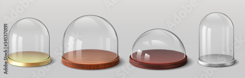 Realistic domes. 3D spherical and hemispherical glass cover for souvenirs, kitchen glassware utensils, exhibition display case. Vector set protection container with wood tray