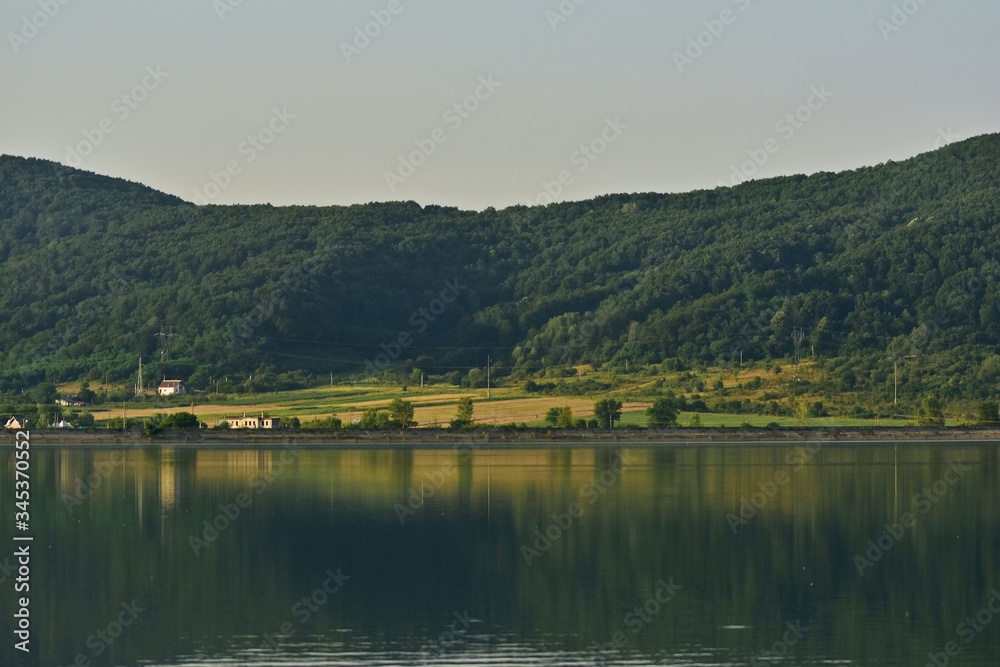 lake reflection water forest summer fields harvest
