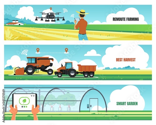 Agricultural banners. Smart farming and using futuristic technologies for growing food, soil work automation concept. Vector image agro digital technology flyer