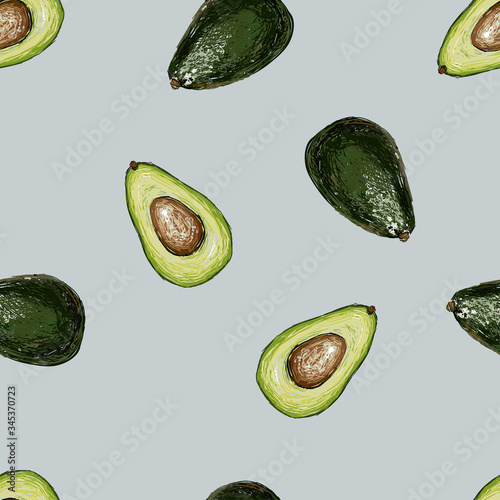Seamless vector hand drawn pattern with avocado in doodle style on a grey background. Healthy food green texture.