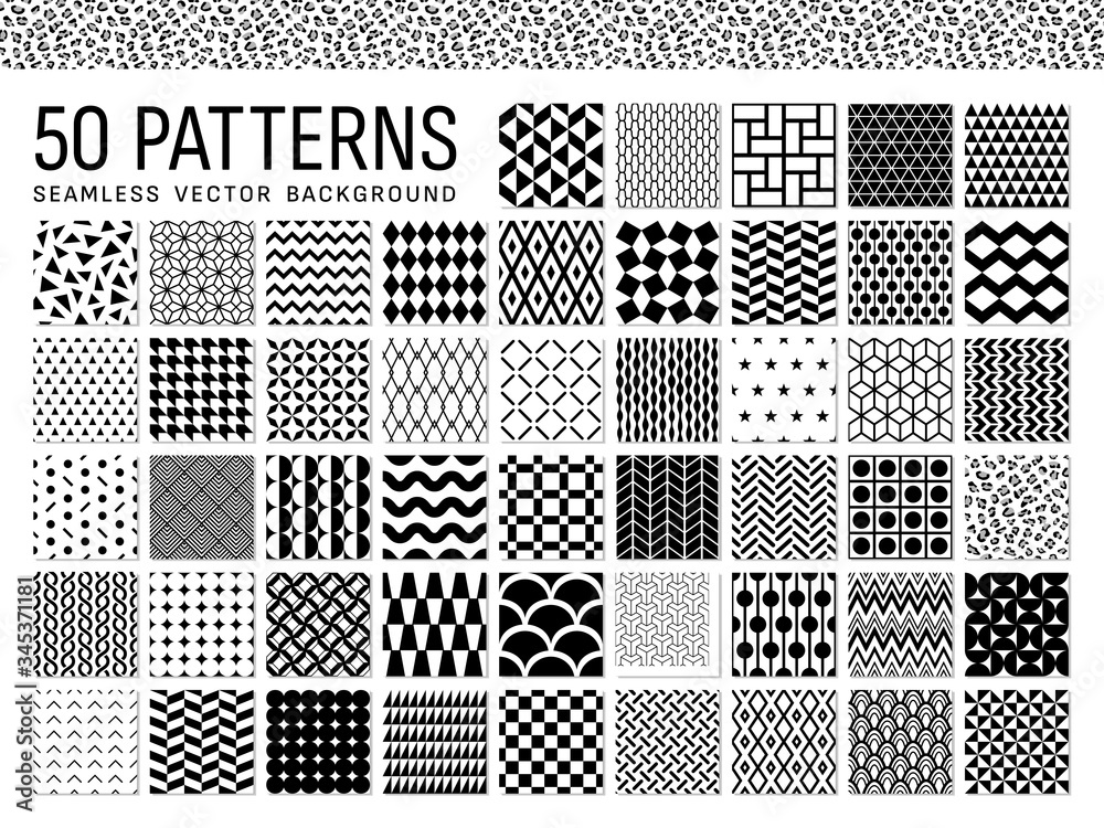 Collection of 50 seamless geometric pattern tiles in dark tones suitable for NFT artwork creation