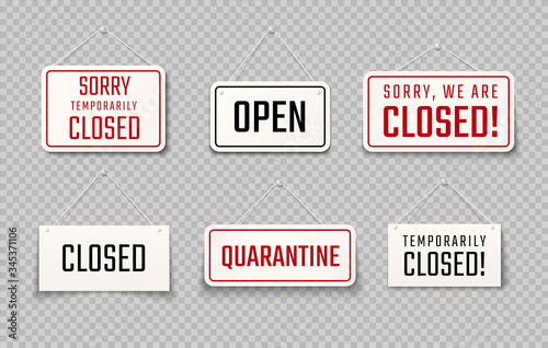 Closed sign. Temporarily closed of coronavirus realistic signs, CoVid-19 quarantine signboard for cafe and restaurants. Vector set illustration banner message restriction or locked business sign