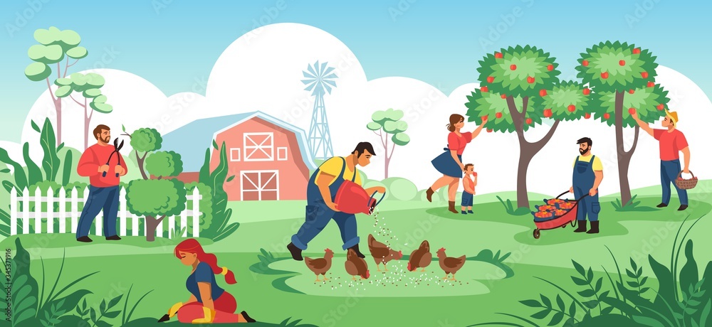 People in garden. Cartoon farmers and gardeners working together, plant crops and flowers, work in soil. Vector illustration agriculture workers growing organic food, woman and kid near tree