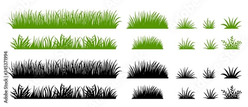 Green and black grass silhouette. Cartoon weed field. Lawn flat illustration. Vector eco and organic logo element set