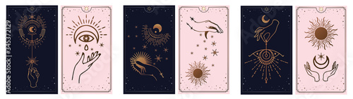 Moon, wave and hand gold logo, tarot reader of spiritual guidance. Colorful design. Vector illustration in magical vintage style. Gold decorative frame with the sun on a black background