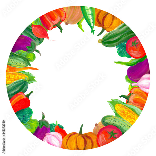 The frame of bright vegetables is hand-drawn with gouache for decoration of menus, business cards, shop windows, textiles, postcards. Peppers, eggplant, zucchini, cucumbers, garlic. Place for text