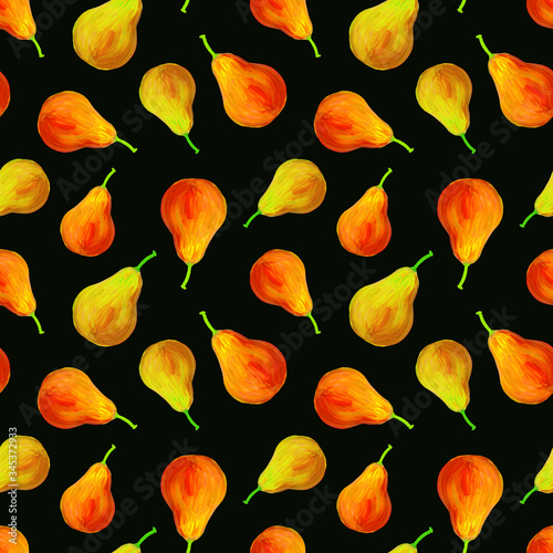 Seamless pattern with orange pear. Fruit background on a black background drawn by gouache. Design for website, print posters, textiles, clothes, bedding, fabrics. Tropical summer fruit