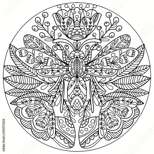 coloring mandala with butterfly and folk flowers, vector for coloring, insect