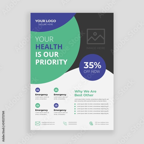 Medical Health care flyer poster template design, report leaflets cover brochure pamphlet annual, a4 print layout with blue color vector illustration