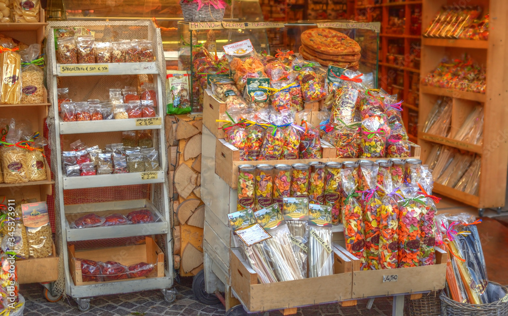 Pasta and spice shop in Italy, Caorle, Veneto. HDR photography.