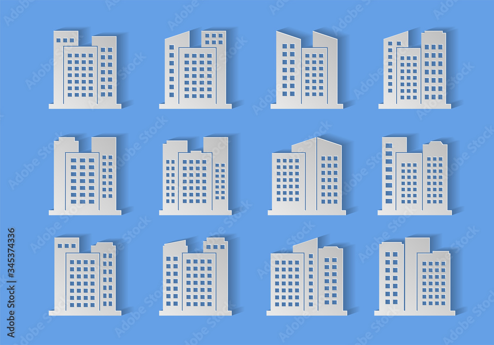 Paper cut buildings and bank set on background, Hand made origami company and office collection, Design modern architecture vector, Construction shadow concept illustration Paper cut buildings and bank set on background, Hand made origami company and office collection, Design modern architecture vector, Construction shadow concept illustration