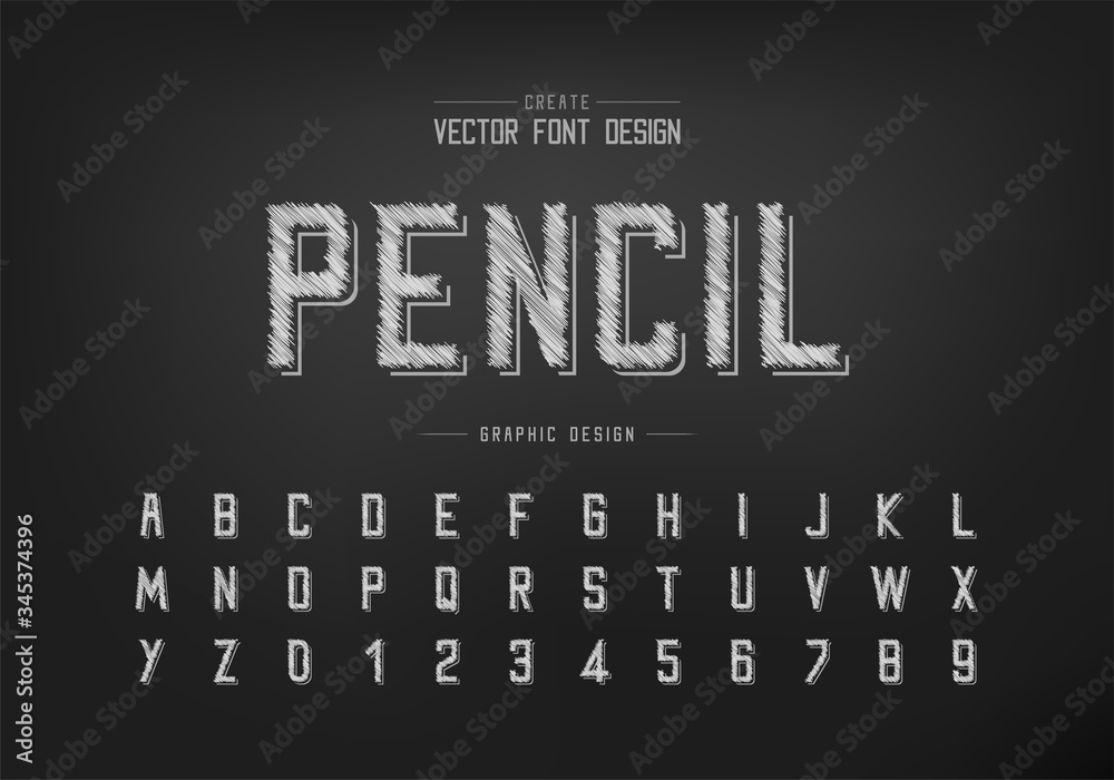 Pencil font and alphabet vector, Sketch modern typeface and letter number design, Graphic text on background