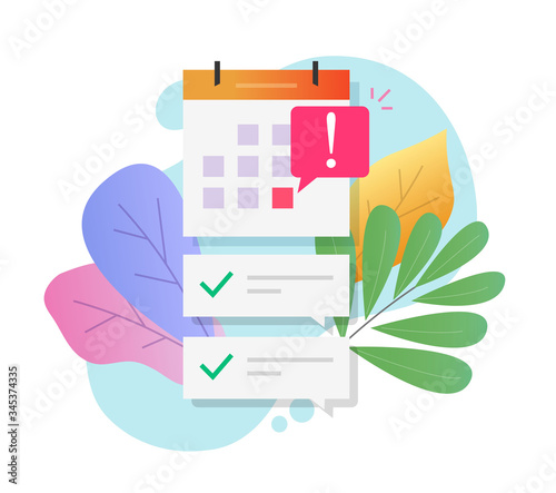 Calendar important deadline date with task to do list or finished agenda todo schedule event appointment reminder vector flat cartoon modern colorful design