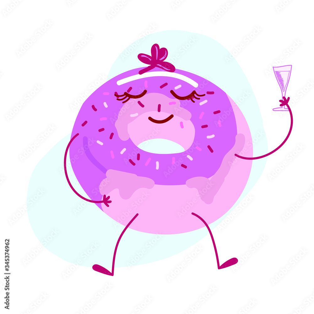 Obraz premium Сheerful donut lies sunbathing with a cocktail on a white isolated background. Donut flat, cartoon for decoration of invitations, cards, menus, banners