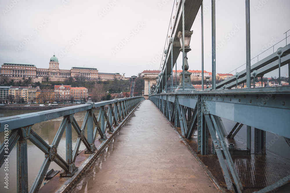 View of the Chain Bridge in Budapest, with the Buda Castle in the background on a cloudy day.