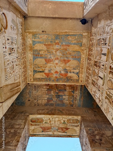 colourful painting on stone, Medinet Habu temple, Luxor, Egypt