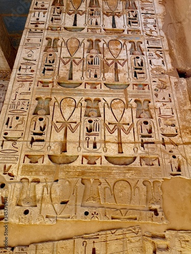 Medinet Habu tempel with deep hieroglyphics carvings, Luxor, Egypt