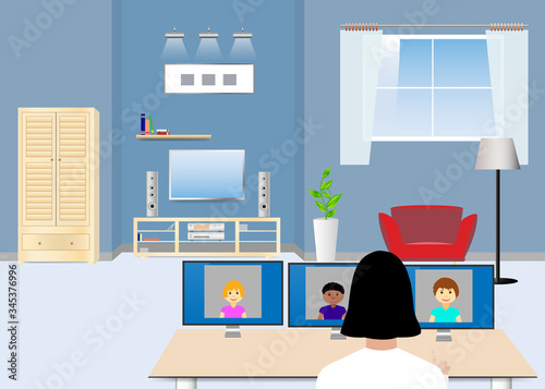 Teaching at home concept vector showing teacher communicating with her students via the Internet.