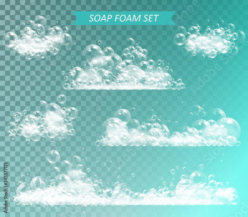Soap foam with bubbles isolated vector illustration on transparent background