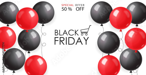 Black friday sale, black banner, super sale, special offer, design template, red and black balloons vector illustration