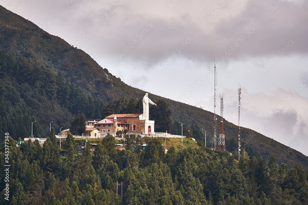 Guadalupe hill landmark in Bogota, Colombia, aerial view drone footage Guadalupe hill landmark in Bogota, Colombia, aerial view drone footage