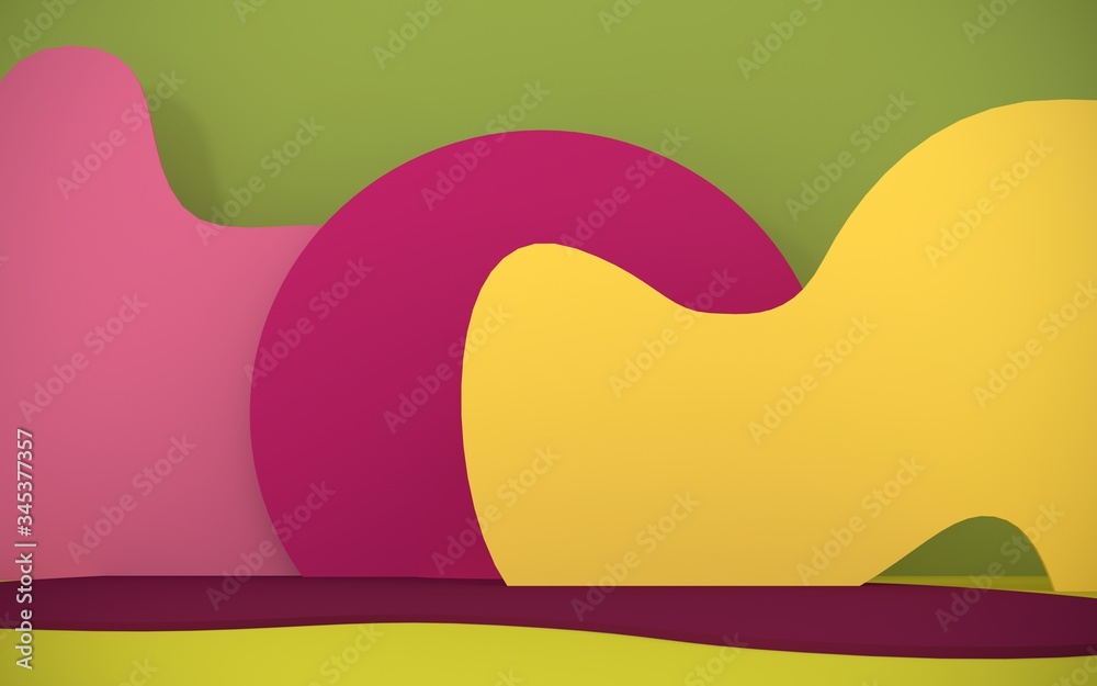 Podium, stand for advertising products on the background of papercut - 3D, render. Abstract, bright background from paper elements. Modern illustration for spring and summer holidays with copy space.