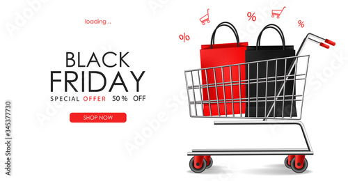 Black friday sale, shop cart realistic with shop bags, sale banner, big promotion card illustration, special sale template