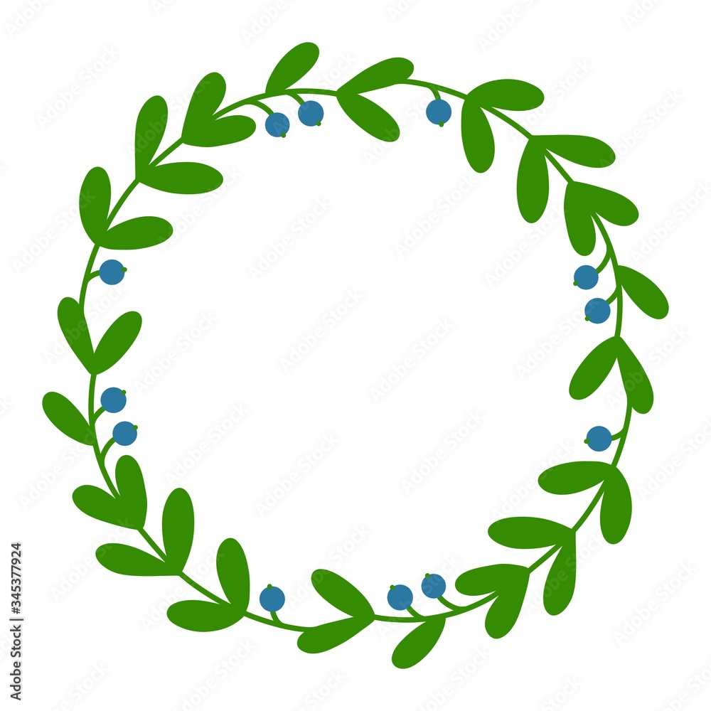 Wreath frame of green little twigs and blue berries on a white background. Illustration of a beautiful wreath with place for text. Isolated object in color for your design.
