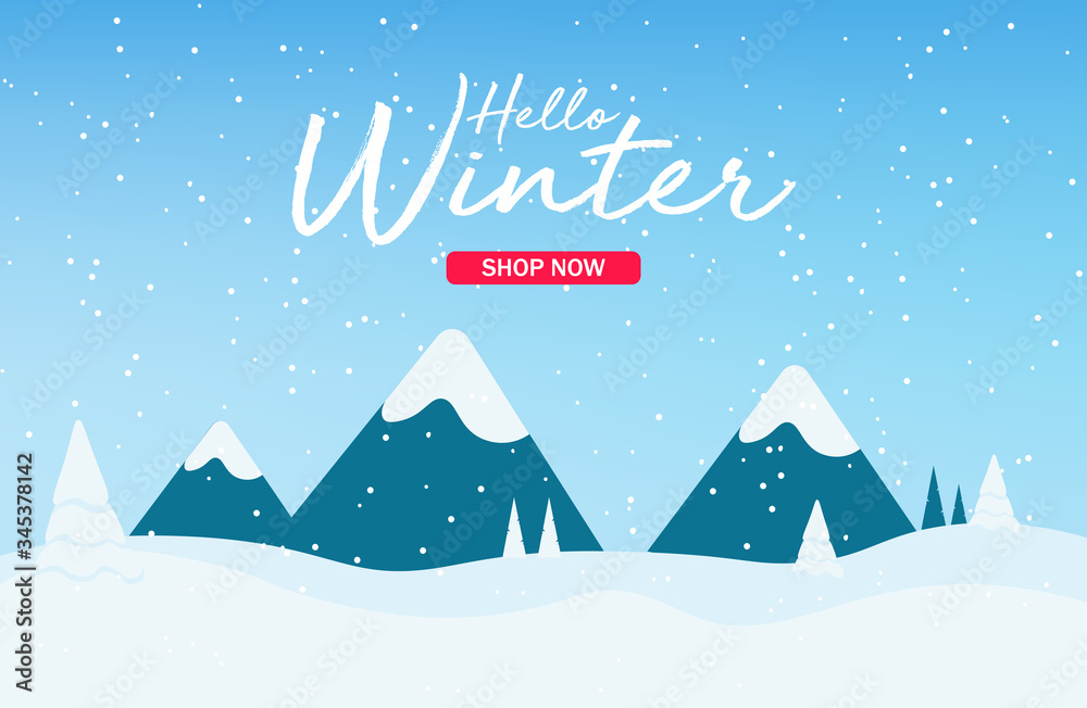 Hello winter, snow background, shop now, sale banner, snowflake vector illustration Hello winter, snow background, shop now, sale banner, snowflake vector illustration