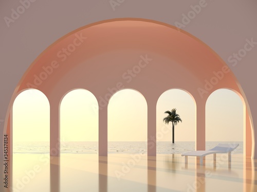 Abstract architectural design on the backdrop of the ocean with sunset and sunrise on the beach - 3d render. Bright arches in the wall overlooking the sea and tropical palm trees - card for travel.