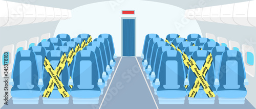 Social distancing chair space inside plane,  for protect pandemic of virus Covid-19, COVID-19 Quarantine. Pandemic Coronavirus Reducing risk of infection, social distancing concept.