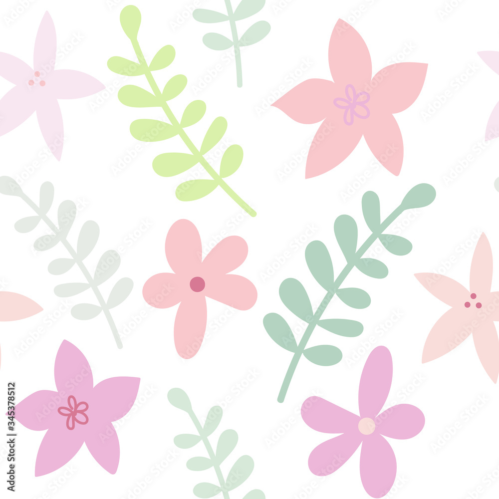 Flat drawn floral seamless color pattern in pastel colors. Cute flowers and branches isolated on white background. For the design of wrapping paper, textiles, Wallpaper, bed linen, stationery