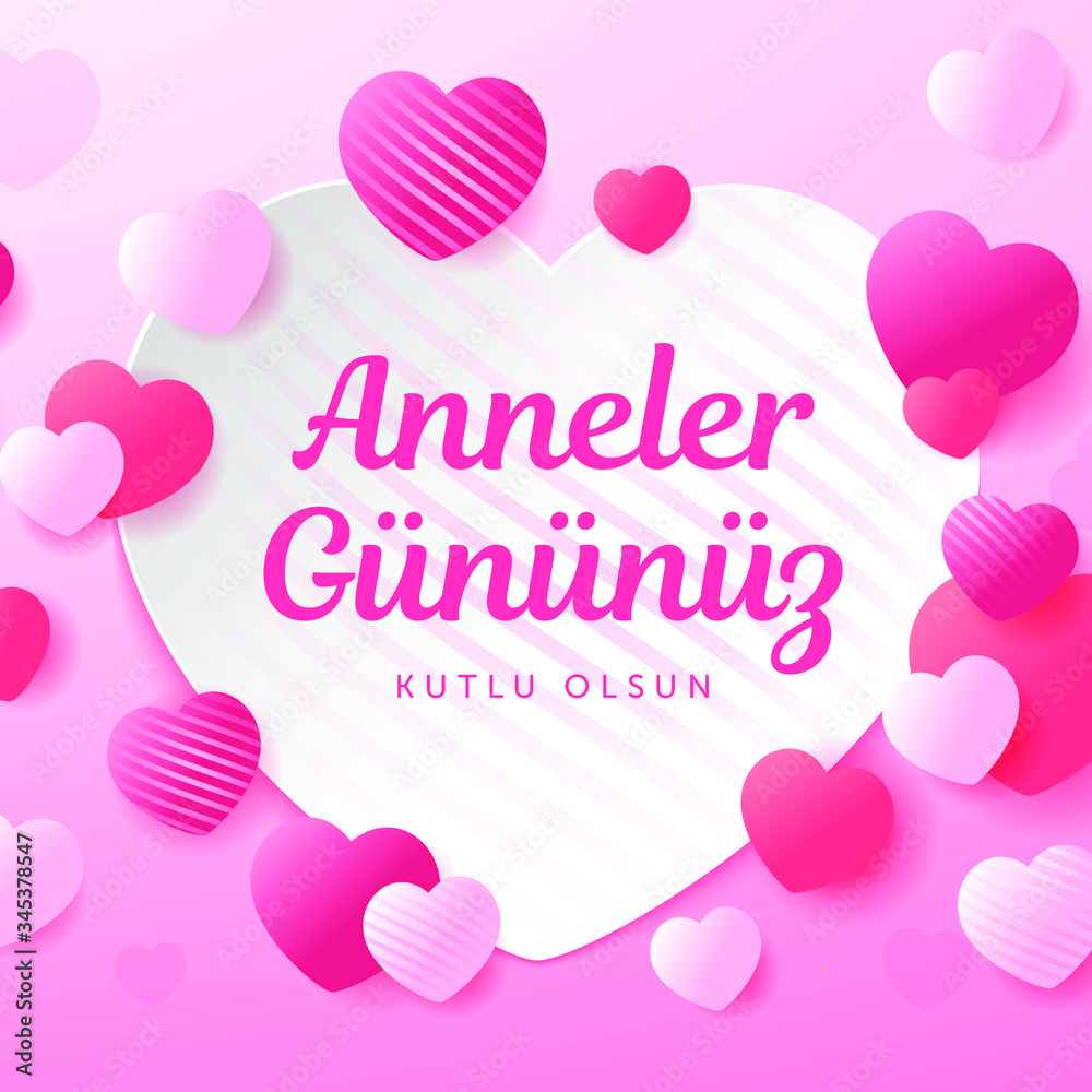 Fresh sugar pink design of Happy Mothers day greetings card (Turkish: Anneler gününüz kutlu olsun.) Happy Mothers day card with heart shape on line pattern.