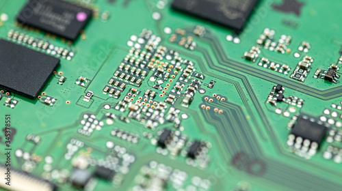 PCB (printed circuit board) close-up shot with a lot of electronic components