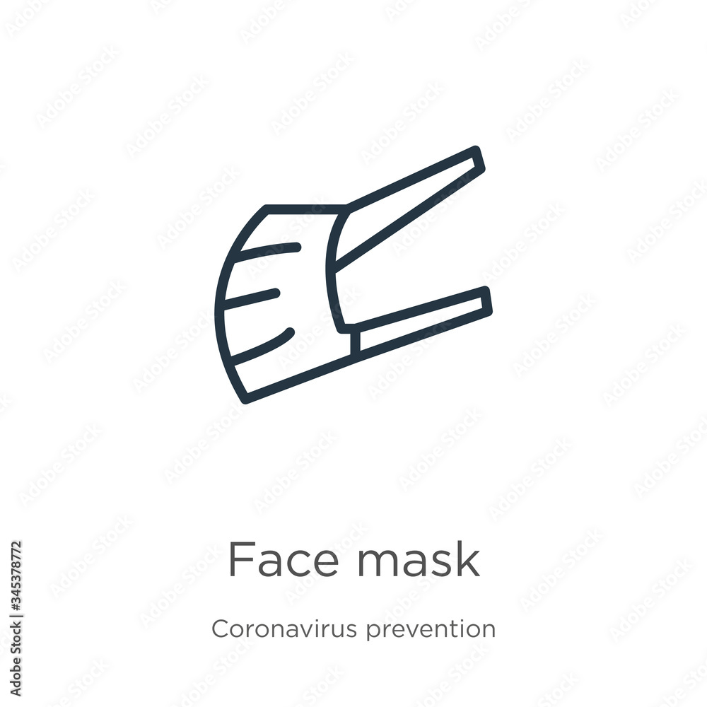 Face mask icon. Thin linear face mask outline icon isolated on white background from Coronavirus Prevention collection. Modern line vector sign, symbol, stroke for web and mobile Face mask icon. Thin linear face mask outline icon isolated on white background from Coronavirus Prevention collection. Modern line vector sign, symbol, stroke for web and mobile