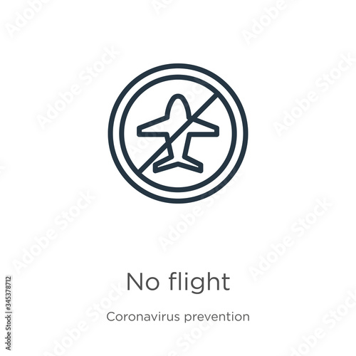 No flight icon. Thin linear no flight outline icon isolated on white background from Coronavirus Prevention collection. Modern line vector sign, symbol, stroke for web and mobile