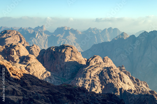 Mountain landscape at sunrise, view from Mount Moses, Sinai Peninsula, Egypt © andrei310