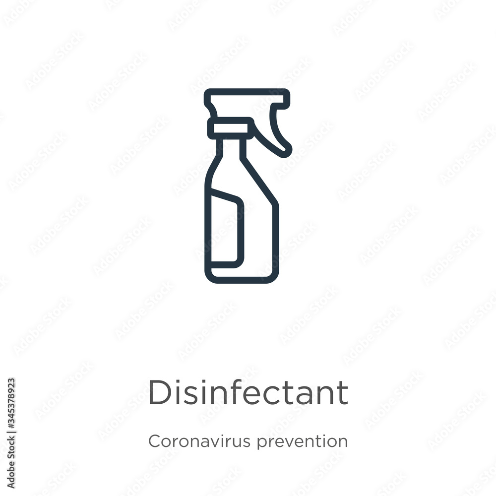Disinfectant icon. Thin linear disinfectant outline icon isolated on white background from Coronavirus Prevention collection. Modern line vector sign, symbol, stroke for web and mobile Disinfectant icon. Thin linear disinfectant outline icon isolated on white background from Coronavirus Prevention collection. Modern line vector sign, symbol, stroke for web and mobile