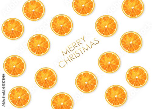 Realistic orange fruit, fresh juice , natural product, isolated orange on white background, merry christmas banner, orange pattern, vector illustration