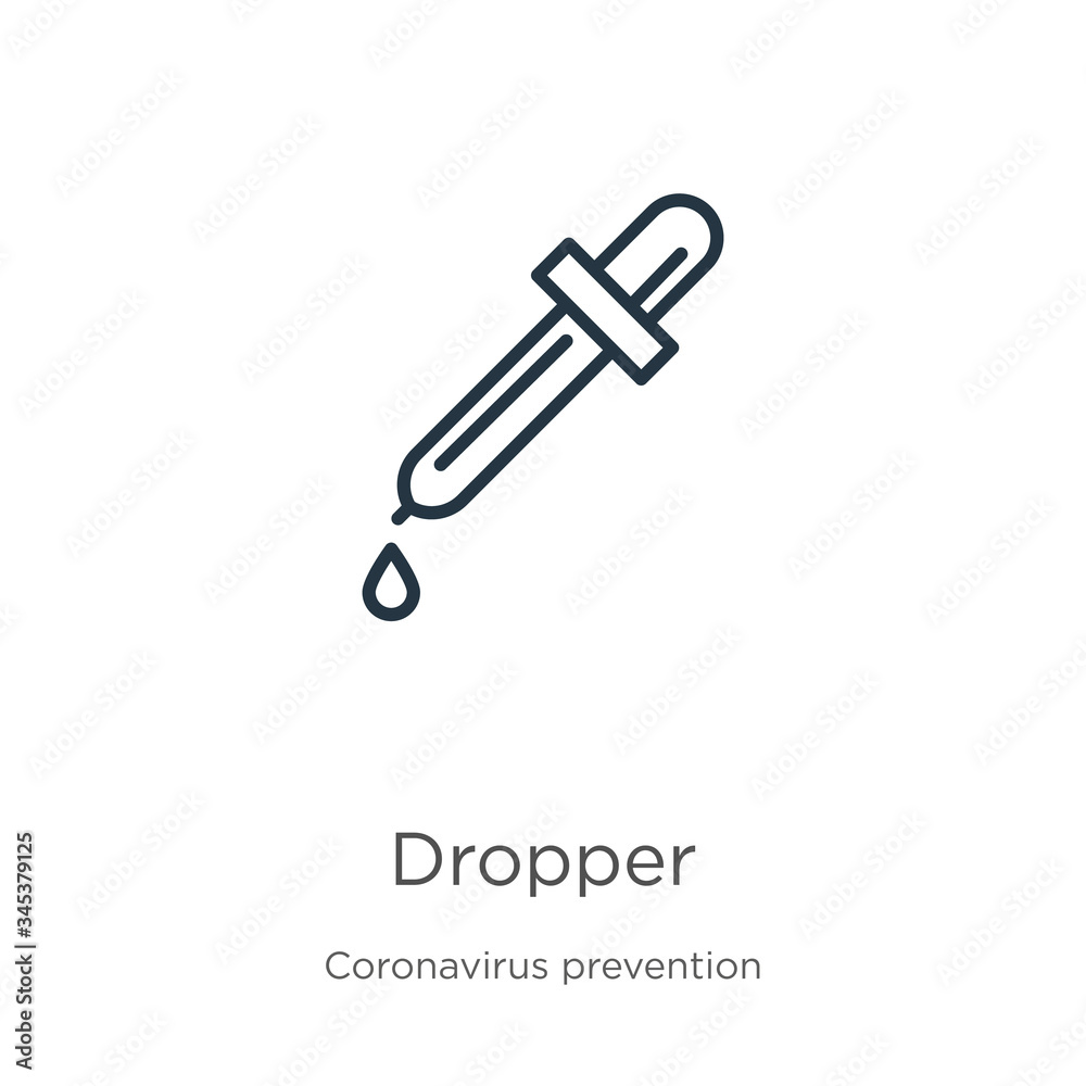 Dropper icon. Thin linear dropper outline icon isolated on white background from Coronavirus Prevention collection. Modern line vector sign, symbol, stroke for web and mobile Dropper icon. Thin linear dropper outline icon isolated on white background from Coronavirus Prevention collection. Modern line vector sign, symbol, stroke for web and mobile