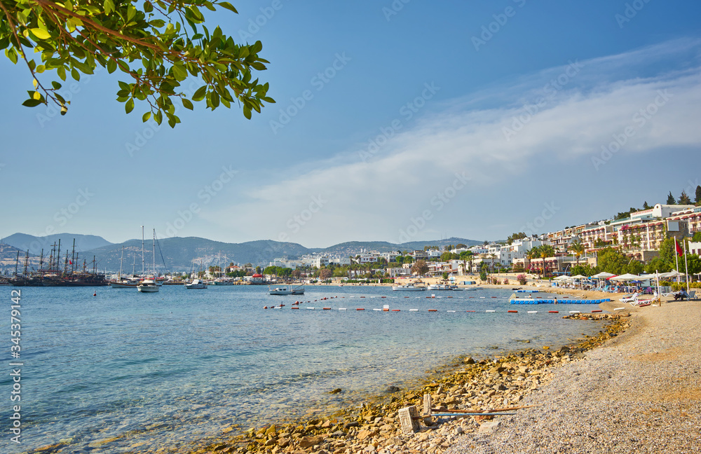View of the Gumusluk Bodrum Marina, sailing boats and yachts in Bodrum town, city of Turkey.